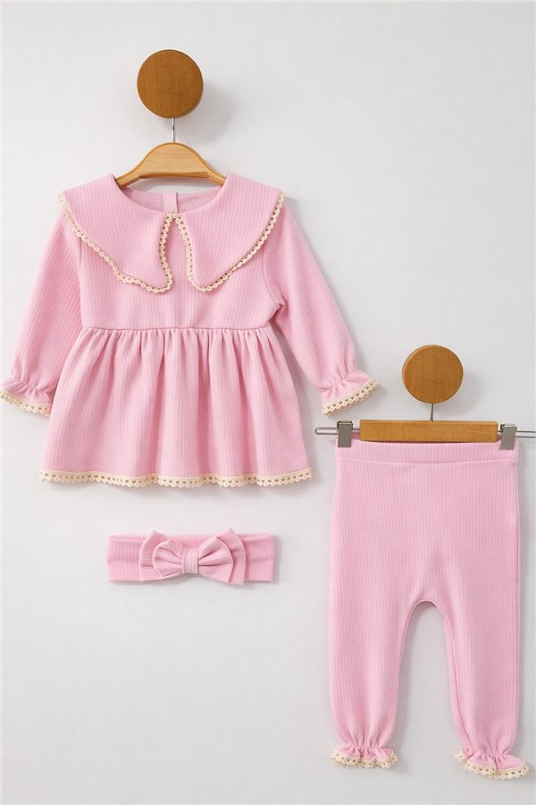 Mini Baby 3-6-9-12-18 Ay Saç Bantlı Kız Bebek Takım Pembe